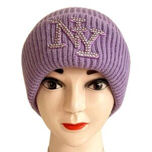 Men Women Rhinestones NY Winter Knit Fur lined Thick Beanie Hat - Purple